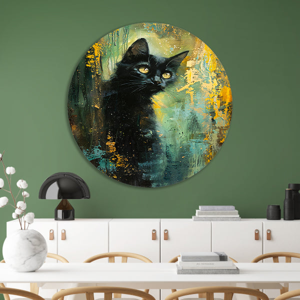 Elegante zwarte kat met dynamische achtergrond aluminium muurcirkel