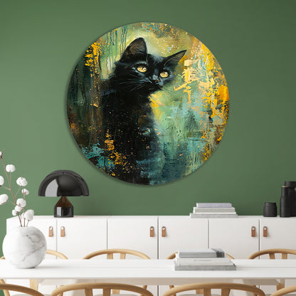 Elegante zwarte kat met dynamische achtergrond aluminium muurcirkel
