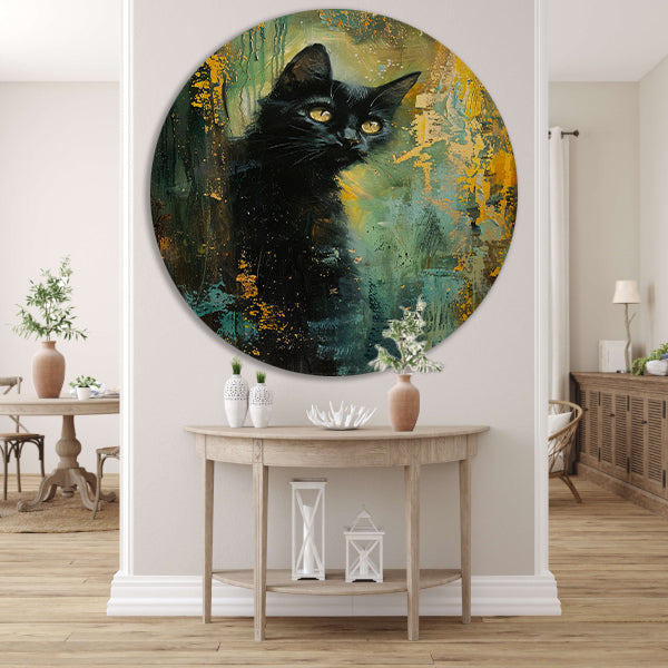 Elegante zwarte kat met dynamische achtergrond aluminium muurcirkel