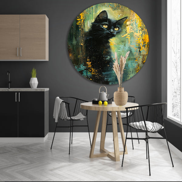 Elegante zwarte kat met dynamische achtergrond aluminium muurcirkel