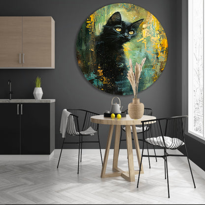 Elegante zwarte kat met dynamische achtergrond aluminium muurcirkel