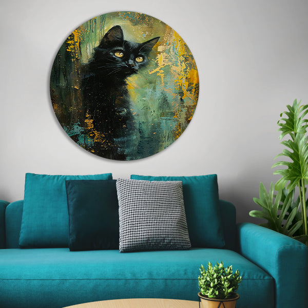 Elegante zwarte kat met dynamische achtergrond aluminium muurcirkel