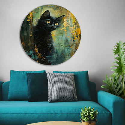 Elegante zwarte kat met dynamische achtergrond aluminium muurcirkel