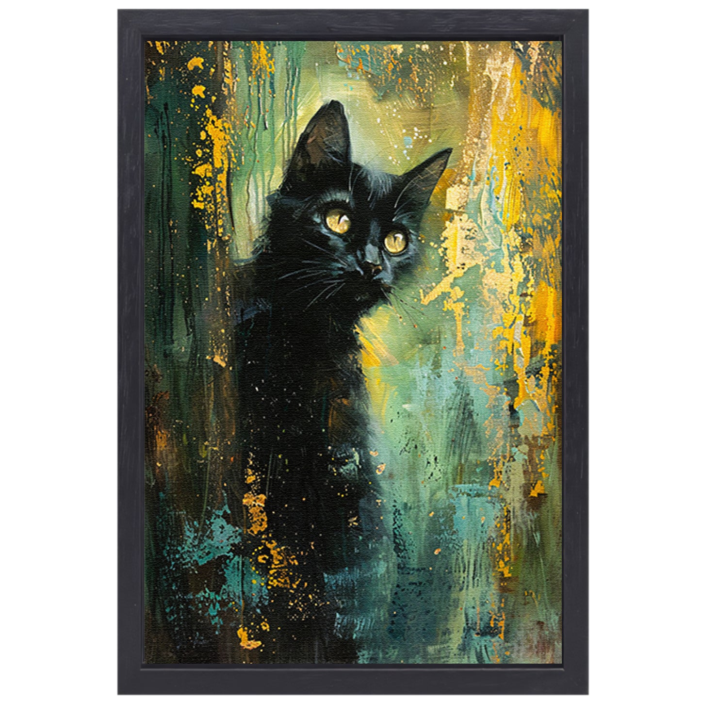 Elegante zwarte kat met dynamische achtergrond canvas met baklijst