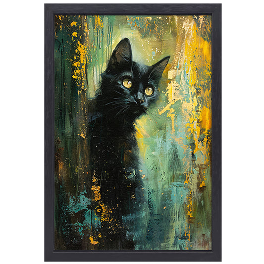 Elegante zwarte kat met dynamische achtergrond canvas met baklijst