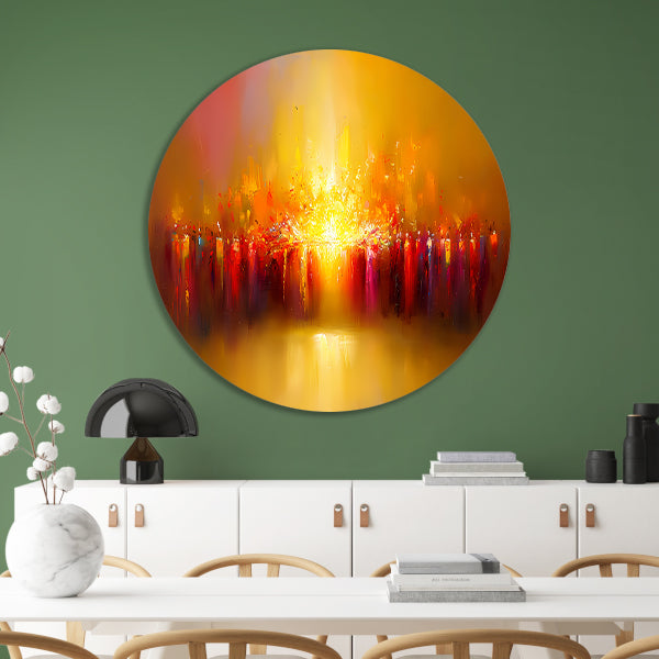 Abstracte kleurenexplosie met vulkaan thema aluminium muurcirkel