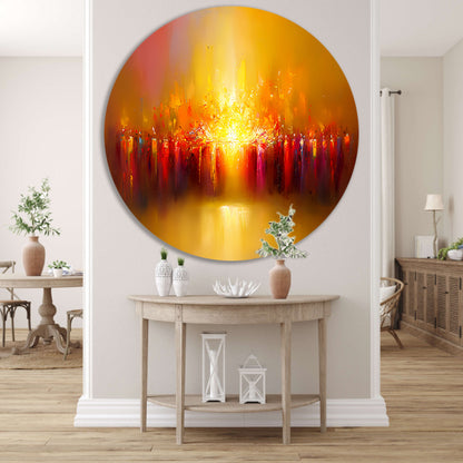 Abstracte kleurenexplosie met vulkaan thema aluminium muurcirkel