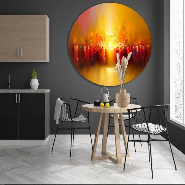 Abstracte kleurenexplosie met vulkaan thema aluminium muurcirkel