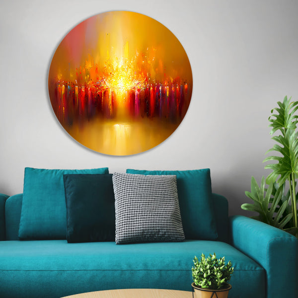 Abstracte kleurenexplosie met vulkaan thema aluminium muurcirkel