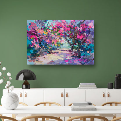 Abstract schilderij van kleurrijke bloemen en bomen canvas