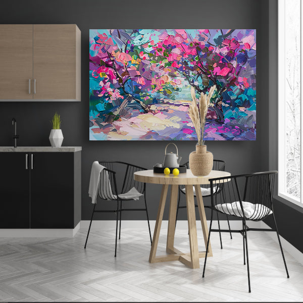 Abstract schilderij van kleurrijke bloemen en bomen canvas
