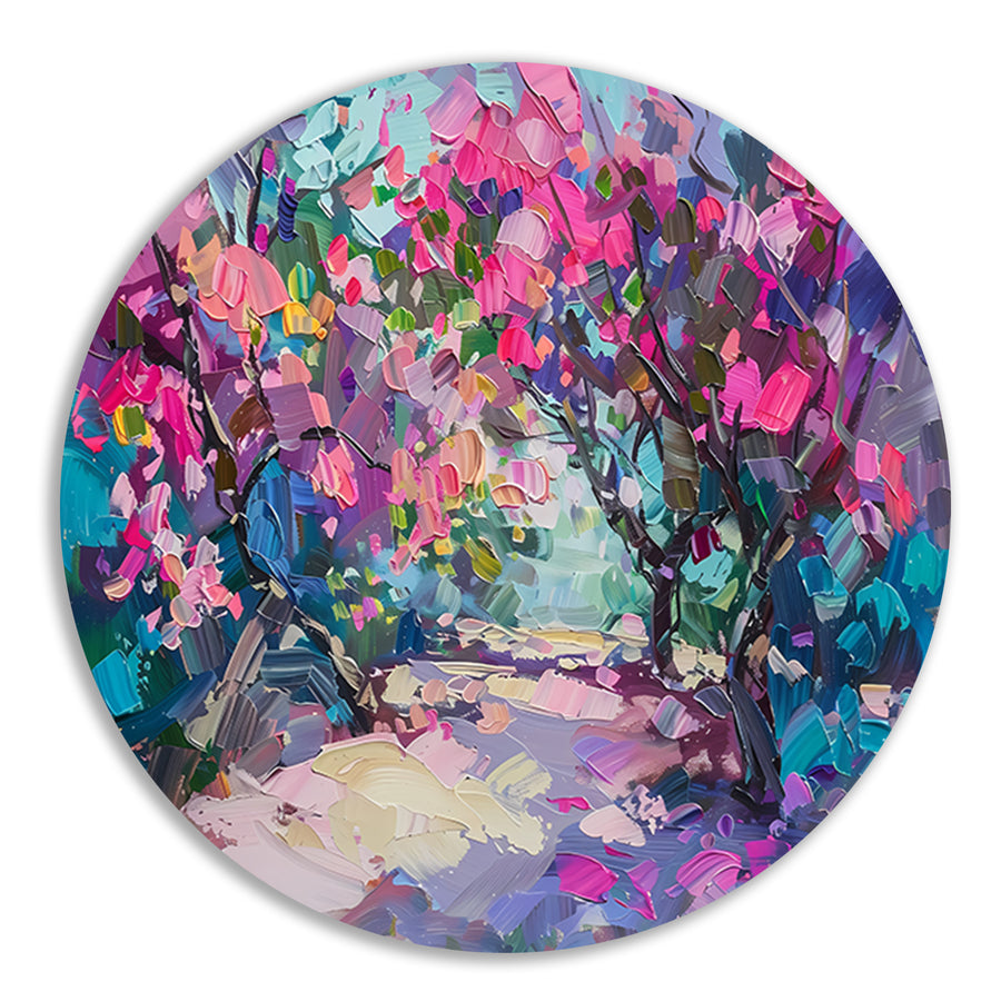 Abstract schilderij van kleurrijke bloemen en bomen aluminium muurcirkel