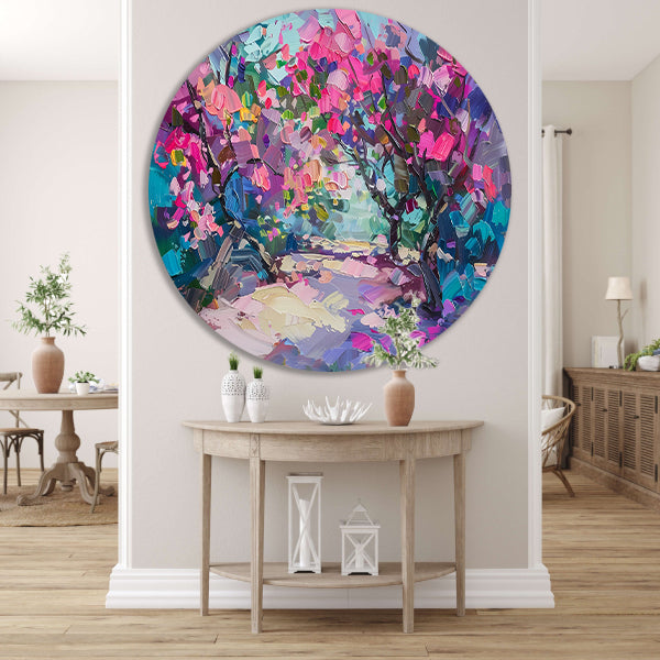 Abstract schilderij van kleurrijke bloemen en bomen forex muurcirkel