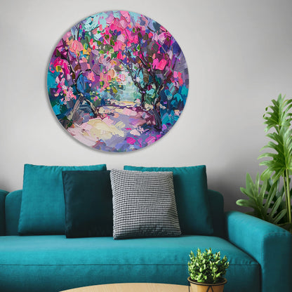 Abstract schilderij van kleurrijke bloemen en bomen forex muurcirkel