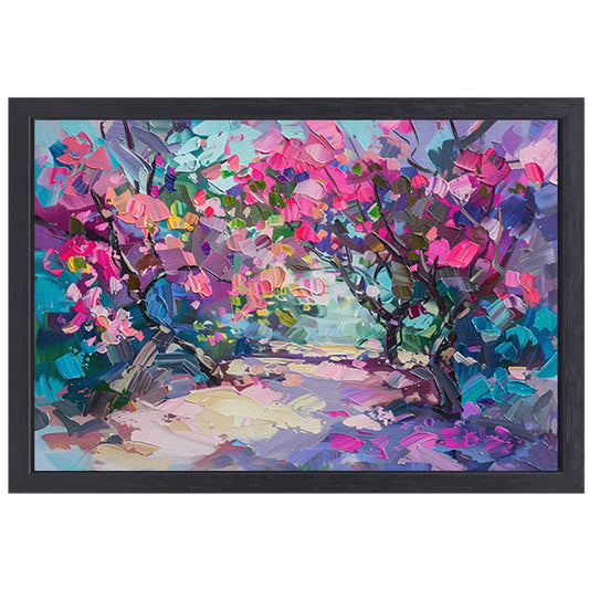 Abstract schilderij van kleurrijke bloemen en bomen canvas met baklijst
