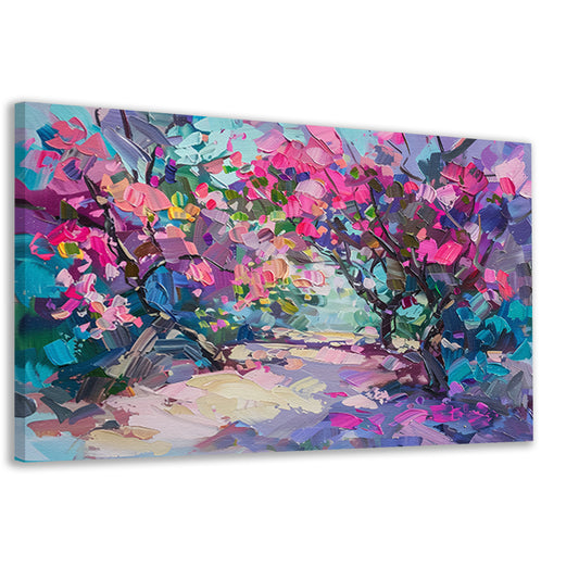 Abstract schilderij van kleurrijke bloemen en bomen canvas