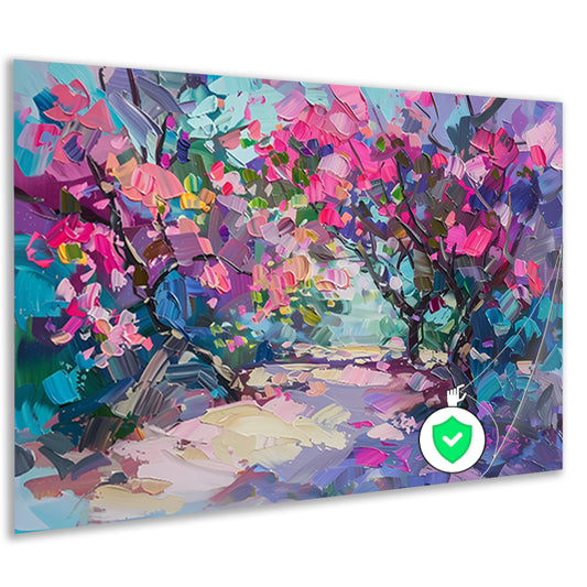 Abstract schilderij van kleurrijke bloemen en bomen poster