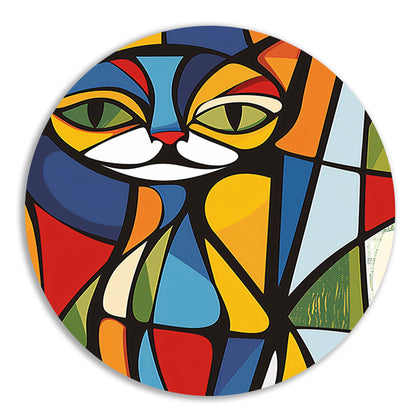 Kleurrijke geometrische kat illustratie kunstwerk aluminium muurcirkel