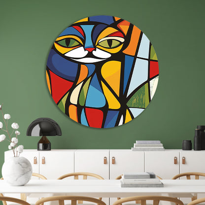 Kleurrijke geometrische kat illustratie kunstwerk aluminium muurcirkel