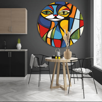 Kleurrijke geometrische kat illustratie kunstwerk aluminium muurcirkel