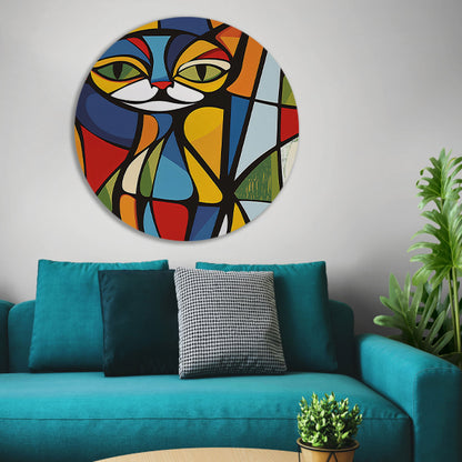 Kleurrijke geometrische kat illustratie kunstwerk aluminium muurcirkel