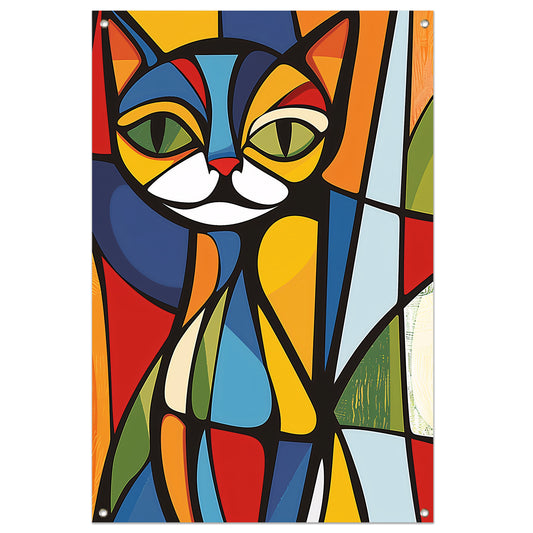 Kleurrijke geometrische kat illustratie kunstwerk tuinposter