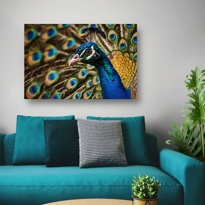 Kleurrijke close-up van een prachtige pauw canvas met baklijst