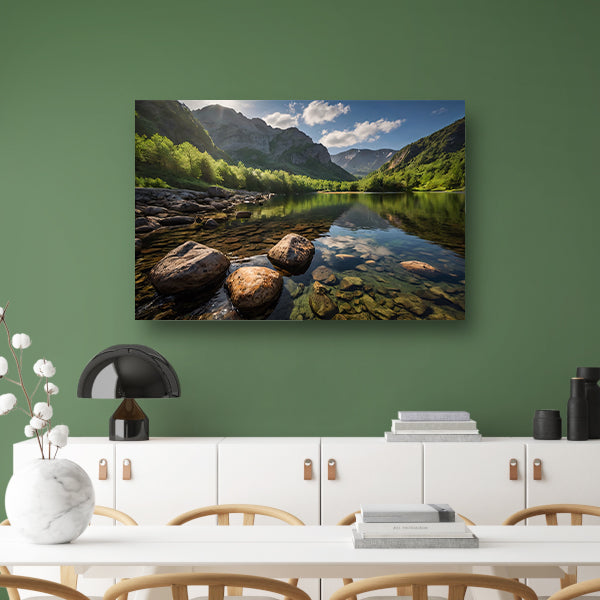 Rustig berglandschap met heldere rivier canvas