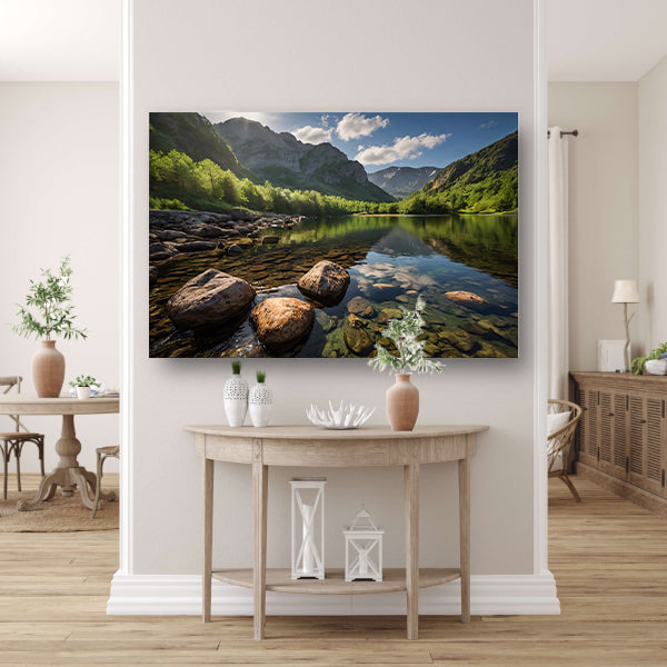 Rustig berglandschap met heldere rivier canvas