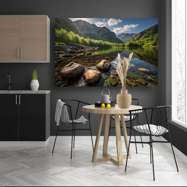 Rustig berglandschap met heldere rivier canvas met baklijst