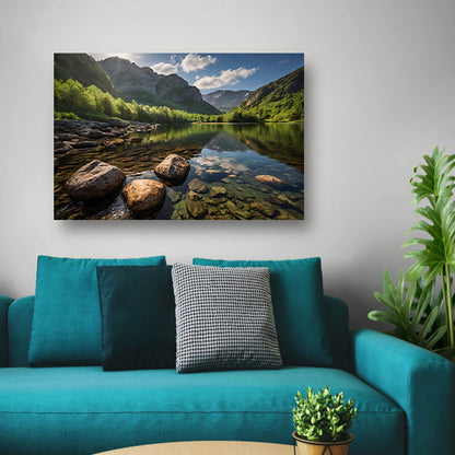 Rustig berglandschap met heldere rivier canvas