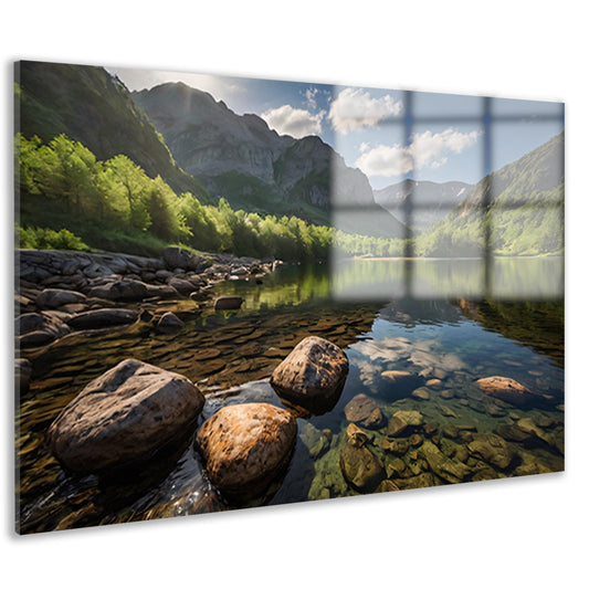 Rustig berglandschap met heldere rivier acrylglas