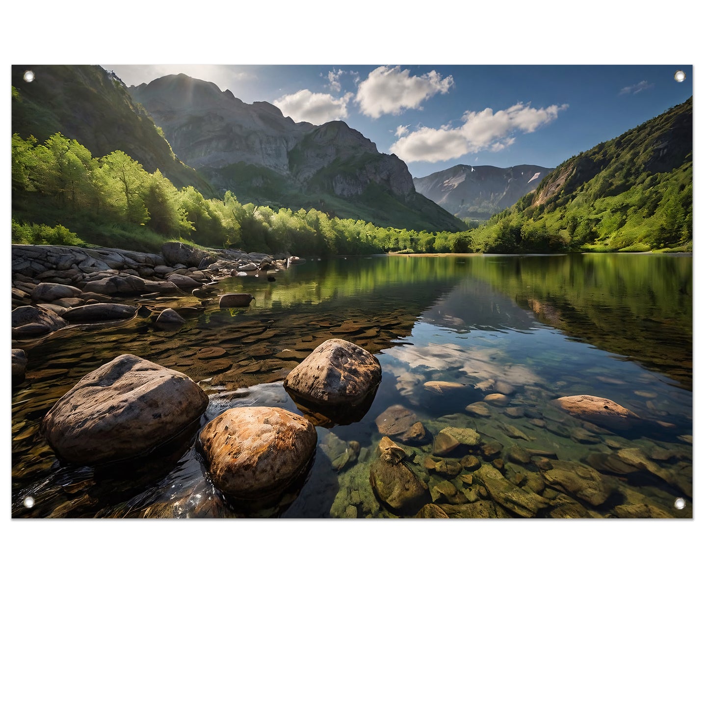 Rustig berglandschap met heldere rivier tuinposter