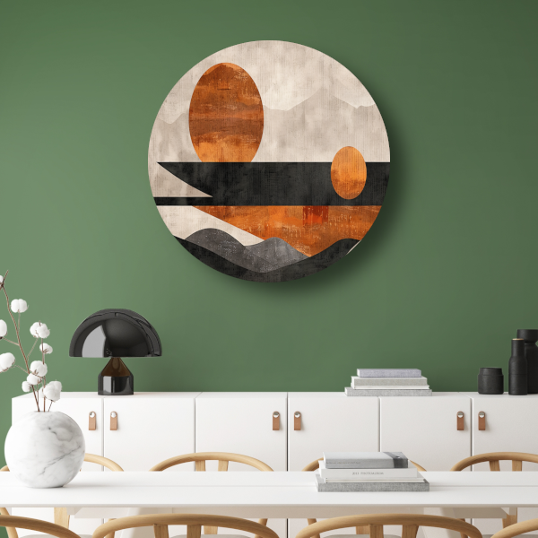 Minimalistische abstracte zonsondergang met kleurcontrast forex muurcirkel