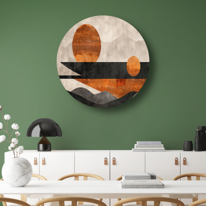 Minimalistische abstracte zonsondergang met kleurcontrast forex muurcirkel