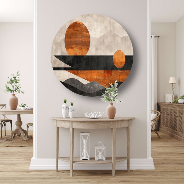 Minimalistische abstracte zonsondergang met kleurcontrast forex muurcirkel