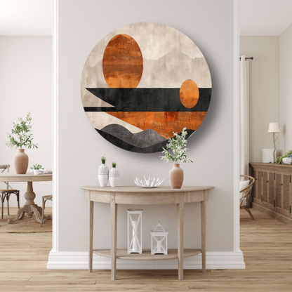 Minimalistische abstracte zonsondergang met kleurcontrast forex muurcirkel