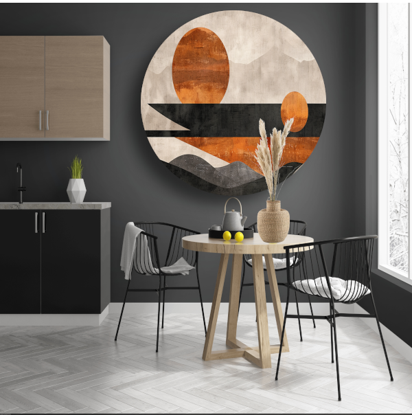 Minimalistische abstracte zonsondergang met kleurcontrast forex muurcirkel