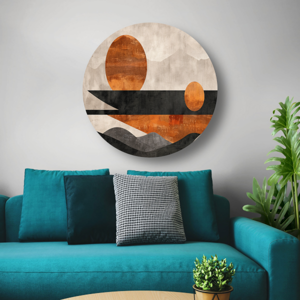 Minimalistische abstracte zonsondergang met kleurcontrast forex muurcirkel