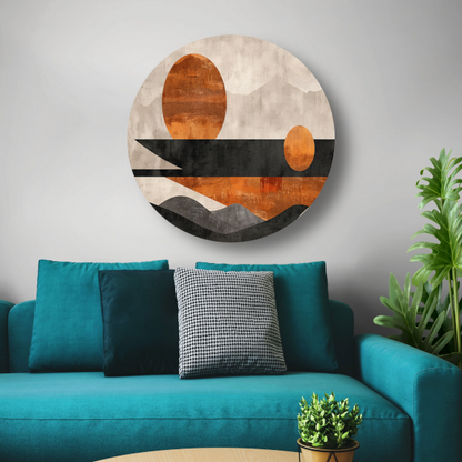 Minimalistische abstracte zonsondergang met kleurcontrast forex muurcirkel