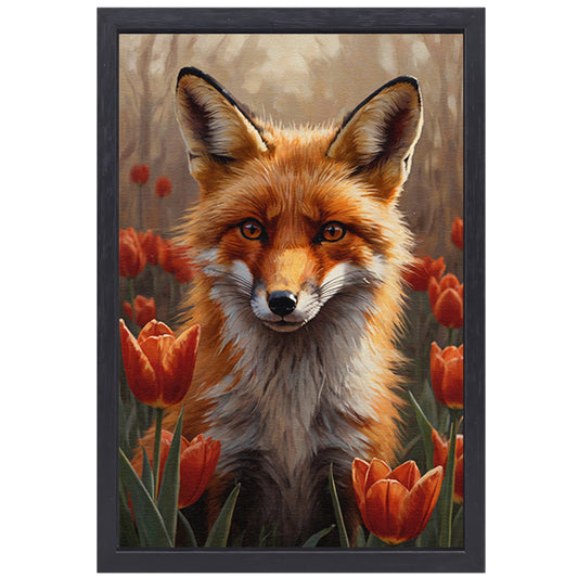 Herfst Vos tussen de Bloeiende Tulpen canvas met baklijst