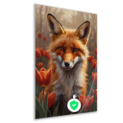Herfst Vos tussen de Bloeiende Tulpen poster