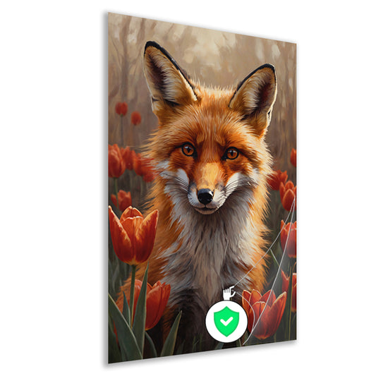 Herfst Vos tussen de Bloeiende Tulpen poster