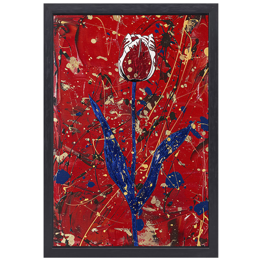 Abstracte tulp met dynamische verfspetters canvas met baklijst