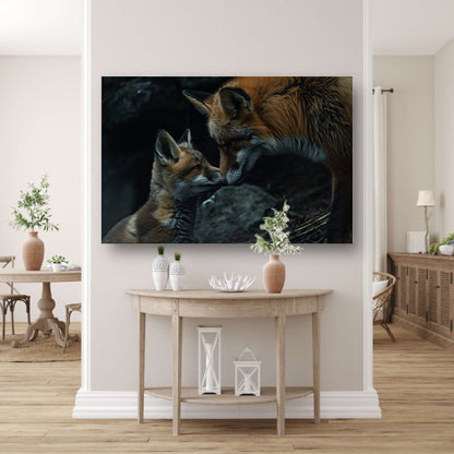 Intiem moment tussen twee vossen canvas met baklijst