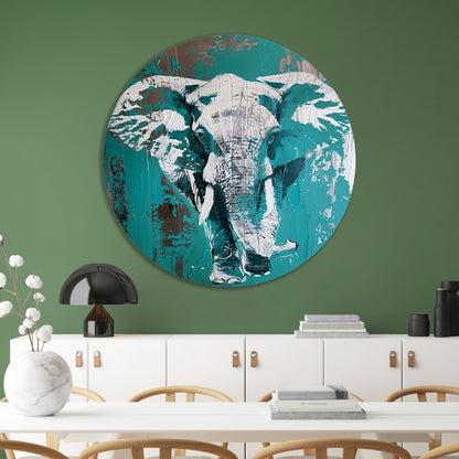 Abstract schilderij van turquoise olifant aluminium muurcirkel