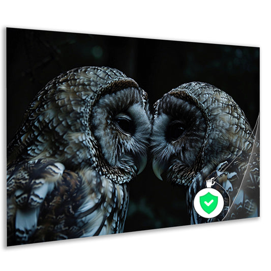 Twee uilen in een donkere omgeving poster