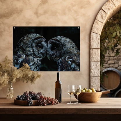 Twee uilen in een donkere omgeving tuinposter