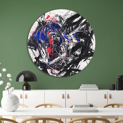 Dynamisch abstract kunstwerk met levendige kleuren aluminium muurcirkel