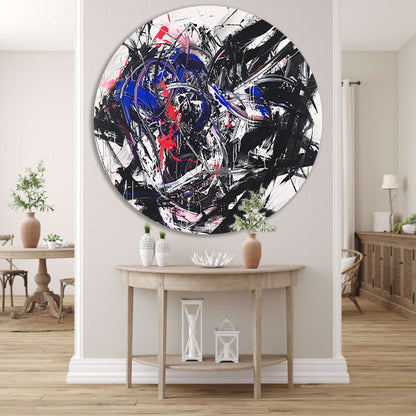 Dynamisch abstract kunstwerk met levendige kleuren aluminium muurcirkel